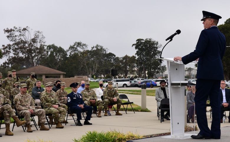 Brig. Gen. Shawn Bratton, Commander of Space Training and Readiness Command, greeted and spoke to the audience during the assumption of command at Vandenberg Space Force Base, September, 2, 2021.