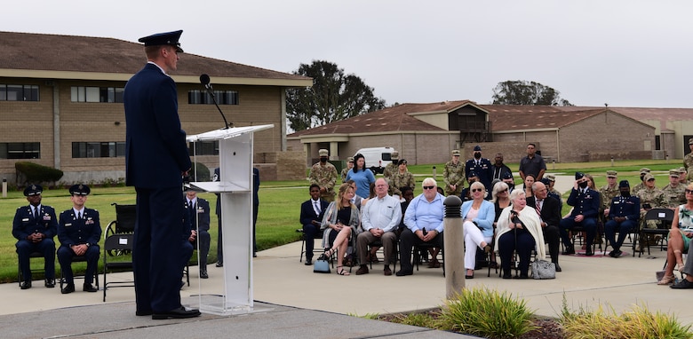 Col. Jason Schramm, Commander of Delta 1, greeted and spoke to the audience during the assumption of command at Vandenberg Space Force Base, September 2, 2021.