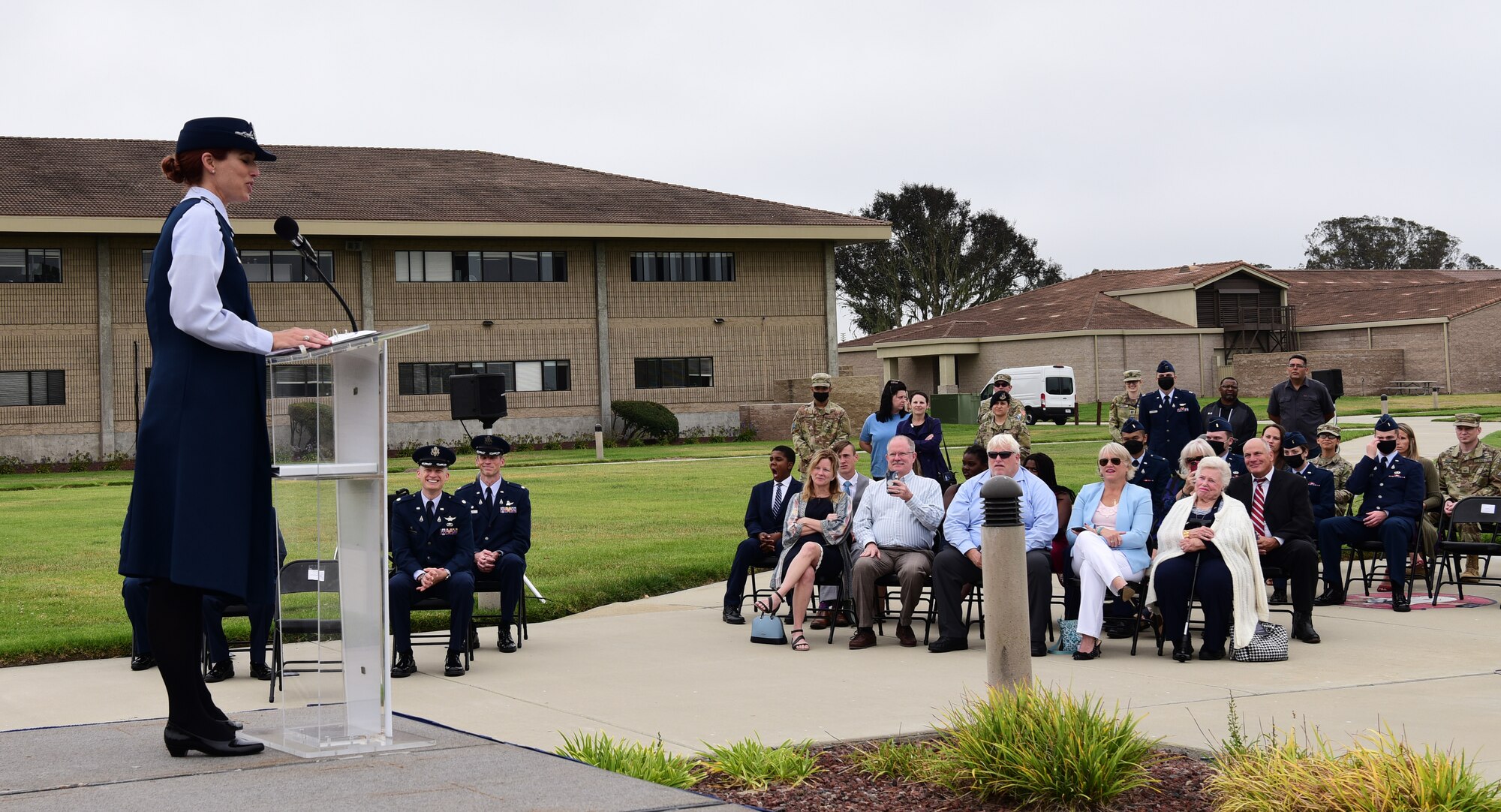 Lt. Col. Tara Shea, 1st Delta Operations Squadron Commander, greeted and spoke to the audience during the assumption of command at Vandenberg Space Force, Base, September 2, 2021.