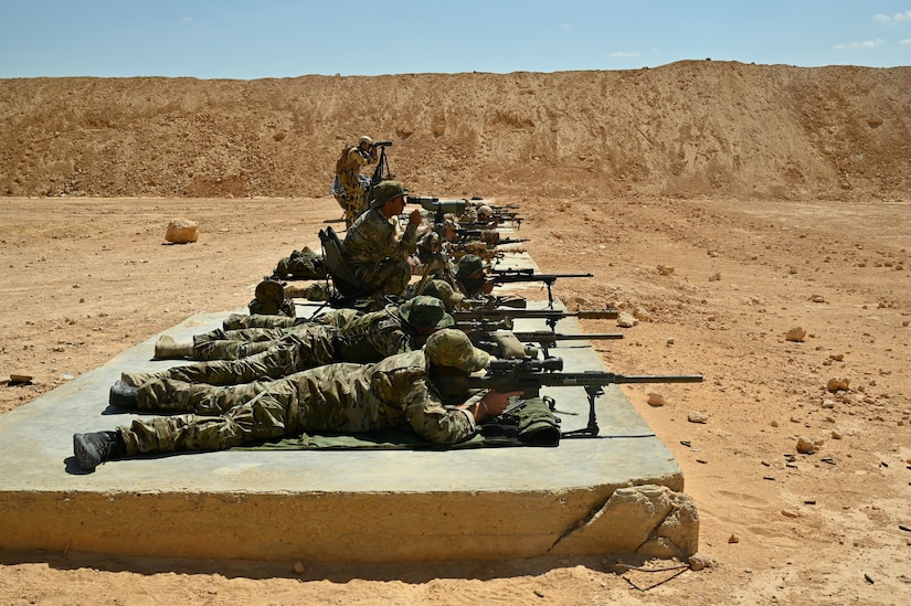 U.S., Egypt, Greece, Cyprus, Saudi Arabia and U.K special operations forces hone their marksmanship skills at the sniper range during Bright Star 21 (BS21) at Mohamed Naguib Military Base (MNMB), Egypt, Sept. 5, 2021. BS21 increases interoperability for future threat response in conventional and irregular warfare. (U.S. Army photo by Spc. Amber Cobena)
