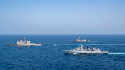 ARABIAN SEA (Sept. 6, 2021) The Pakistan Navy frigate PNS Alamgir (F 260), German Navy frigate FGS Bayern (F 217), and guided-missile cruiser USS Shiloh (CG 67) sail in formation during a passing exercise (PASSEX) in the Arabian Sea, Sept. 6. The exercise included advanced maneuvers and communication drills flexing the crews’ abilities to operate together in a dynamic environment, and test and refine combined command and control processes. (U.S. Navy photo by Mass Communication Specialist 1st Class Rawad Madanat)