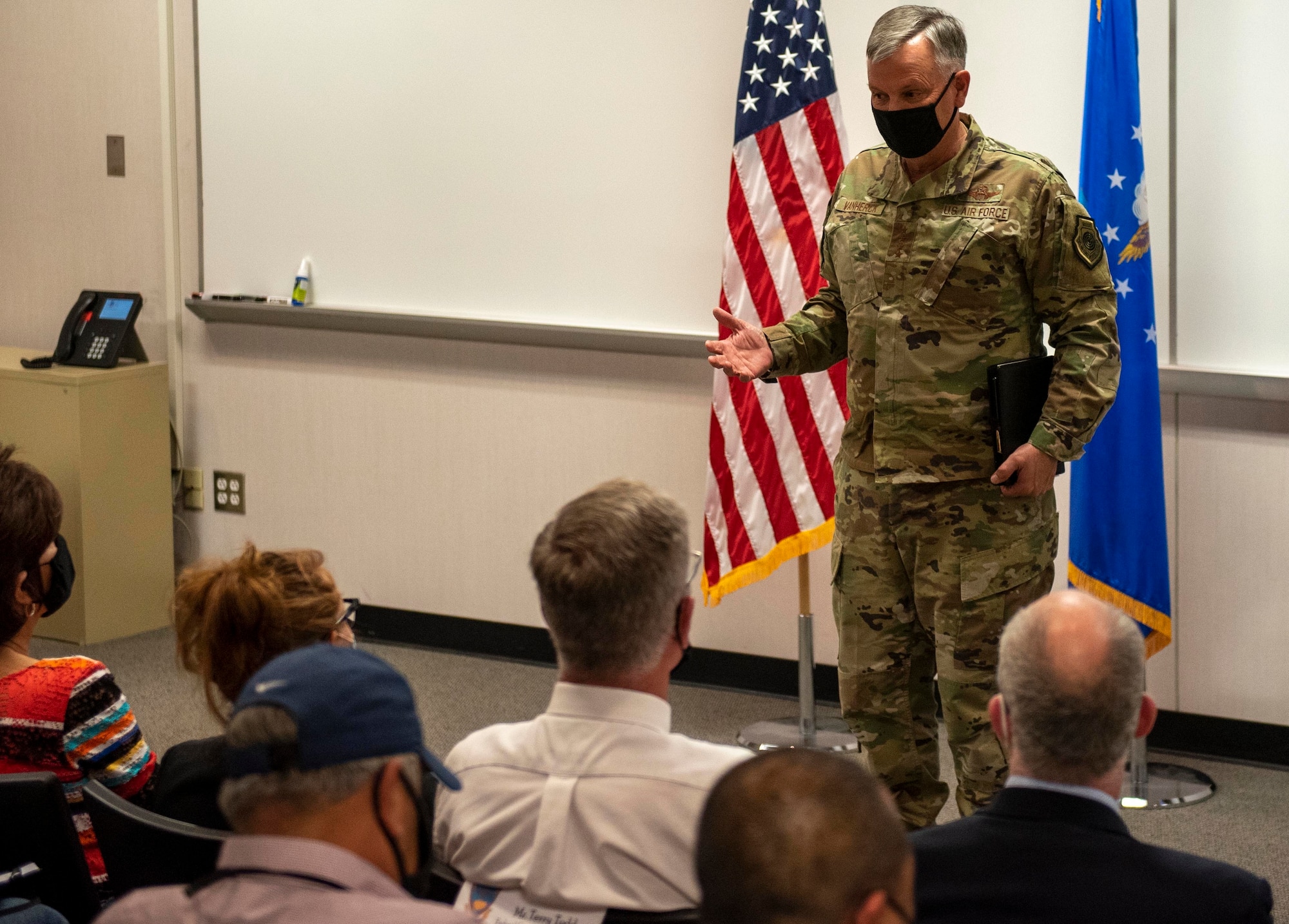 Gen. Glen VanHerck, Commander, North American Aerospace Defense Command and U.S. Northern Command, welcomes Mr. Terry Todd, Department of Homeland Security's Federal Coordinator at Holloman AFB; Mr. Joe Parente, Department of State Team Lead; Rep. Melanie Stansbury (D-NM-1) and Rep Yvette Herrell (R-NM-2), to Task Force - Holloman as part of a tour to see housing facilities and other support functions for the Afghan evacuees at Holloman Air Force Base, New Mexico, Sept. 7, 2021. (U.S. Air Force photo by Staff Sgt. Kenneth Boyton)