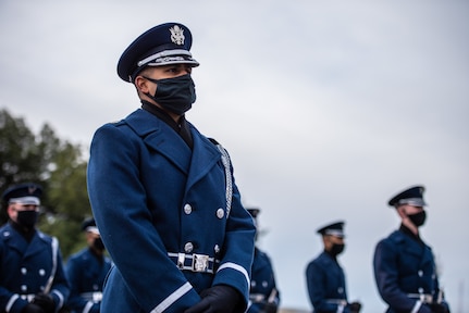 U.S. Air Force Maj. Justin Boyd, United States Air Force Honor Guard director of operations, participates as a ceremonial marcher in an 59th Presidential Inauguration rehearsal for President Joseph R. Biden Jr. in Washington, D.C., Jan. 18, 2021. Boyd was nominated for the 2021 Tuskegee Airman, Inc. General Benjamin O. Davis Jr. Military Award for field grade officers at the 11th Wing, Joint Base Anacostia-Bolling, Washington, D.C. Nominees exhibited outstanding performance in both professional and community service. Three Airmen nominated in three categories from the 11th Wing at JBAB will now compete at the Air Force District of Washington direct-reporting unit and major command level. (U.S. Army photo by Sgt. Jacob Holmes)