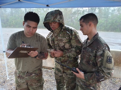 Sgt. Joemicheal Cristobal, Spc. Osias Passi, and Spc. Brennon Westfall, members of the Alaska Army National Guard and Task Force-Alaska, log trailer and driver information on a yard dog sheet, at a transportation yard in Roseland, Louisiana, Sept. 7, 2021. 17 Alaska Guardsmen are assisting the Louisiana National Guard's support to civil authorities in the aftermath of Hurricane Ida, which struck the state Aug. 29, leaving disaster, destruction and flooding in its wake. (U.S. Army National Guard photo by Staff Sgt. Jacob Tyrrell)