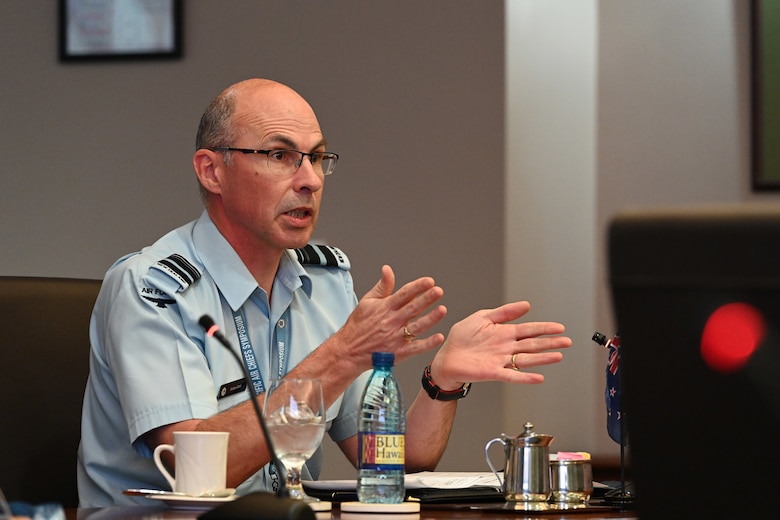 Air Vice Marshal Andrew Clark, Royal New Zealand Air Force chief of Air Force, speaks during the Pacific Air Chiefs Symposium 2021 at Joint Base Pearl Harbor-Hickam, Hawaii, Aug. 31, 2021. The symposium consisted of a number of presentations and panel discussions covering topics ranging from humanitarian assistance and disaster relief, domain awareness, multi-domain operations and interoperability.