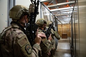 A group of 28th Security Forces Squadron Airmen participate in close quarters training in preparation for the Global Strike Challenge 2021 on Ellsworth Air Force Base, S.D., Aug. 27, 2021.