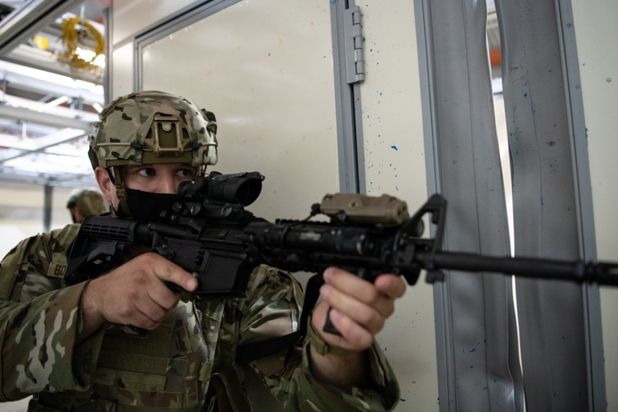 Tech Sgt. Lance Bollenberg, 28th Security Forces  non commissioned officer in charge of physical security, participates in a close quarters exercise on Ellsworth Air Force Base, S.D., Aug . 27, 2021.