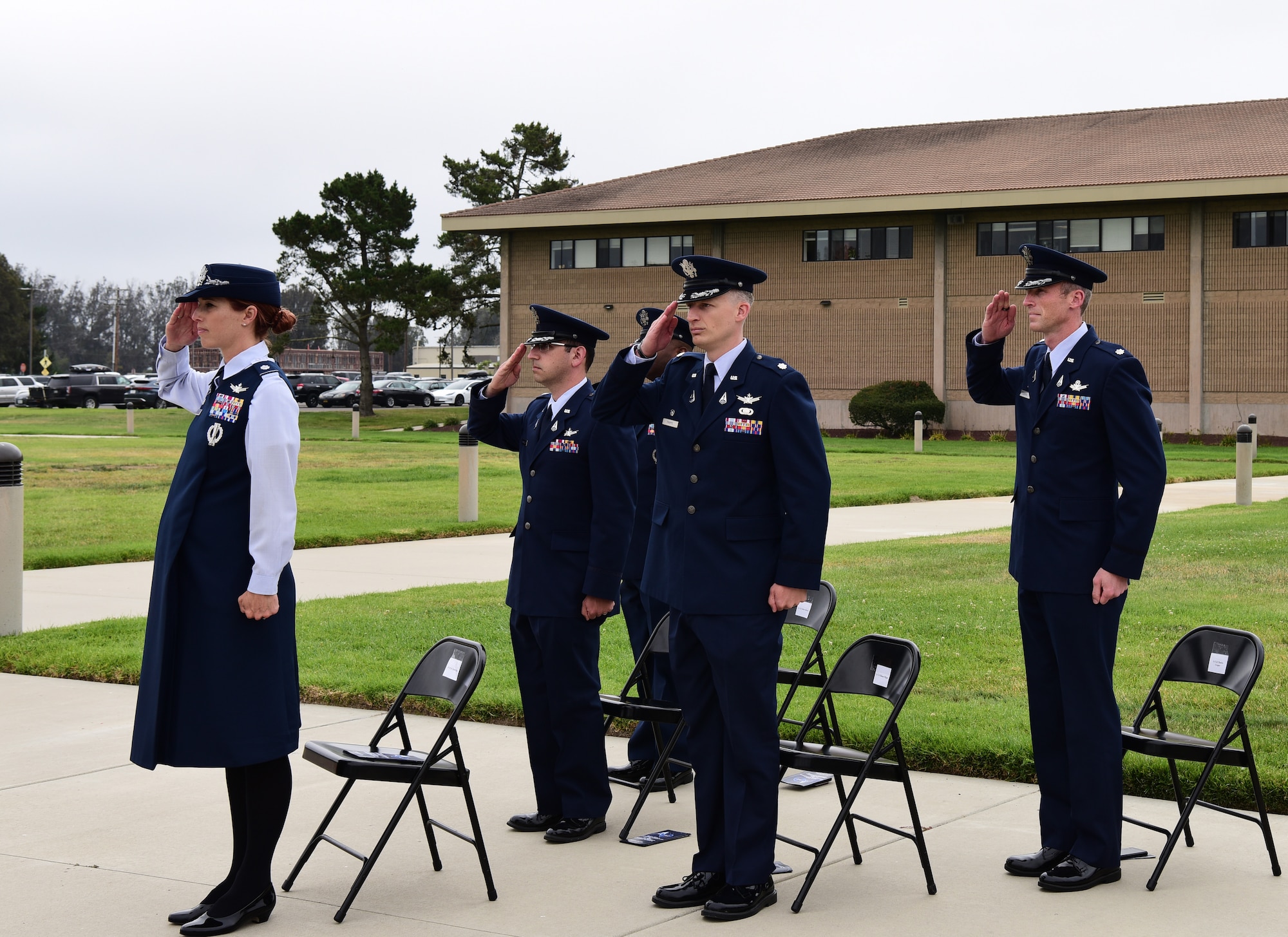 The distinguished guests formed in a delta and saluted at the assumption of command ceremony at Vandenberg Space Force Base, September 2, 2021.