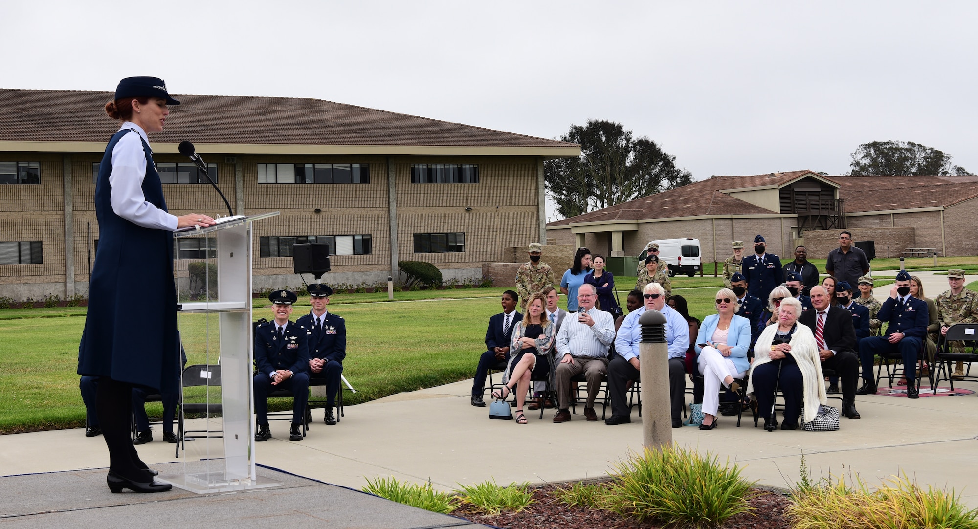 Lt. Col. Tara Shea, 1st Delta Operations Squadron Commander, greeted and spoke to the audience during the assumption of command at Vandenberg Space Force, Base, September 2, 2021.