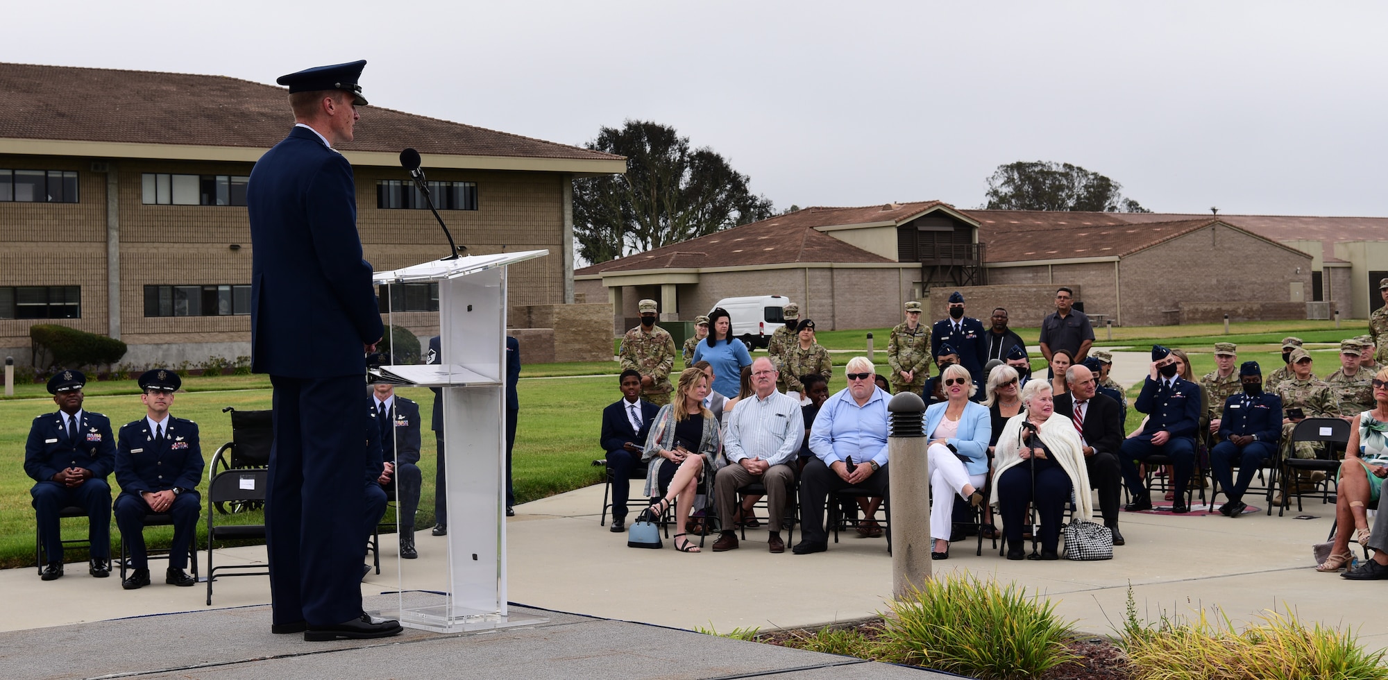 Col. Jason Schramm, Commander of Delta 1, greeted and spoke to the audience during the assumption of command at Vandenberg Space Force Base, September 2, 2021.