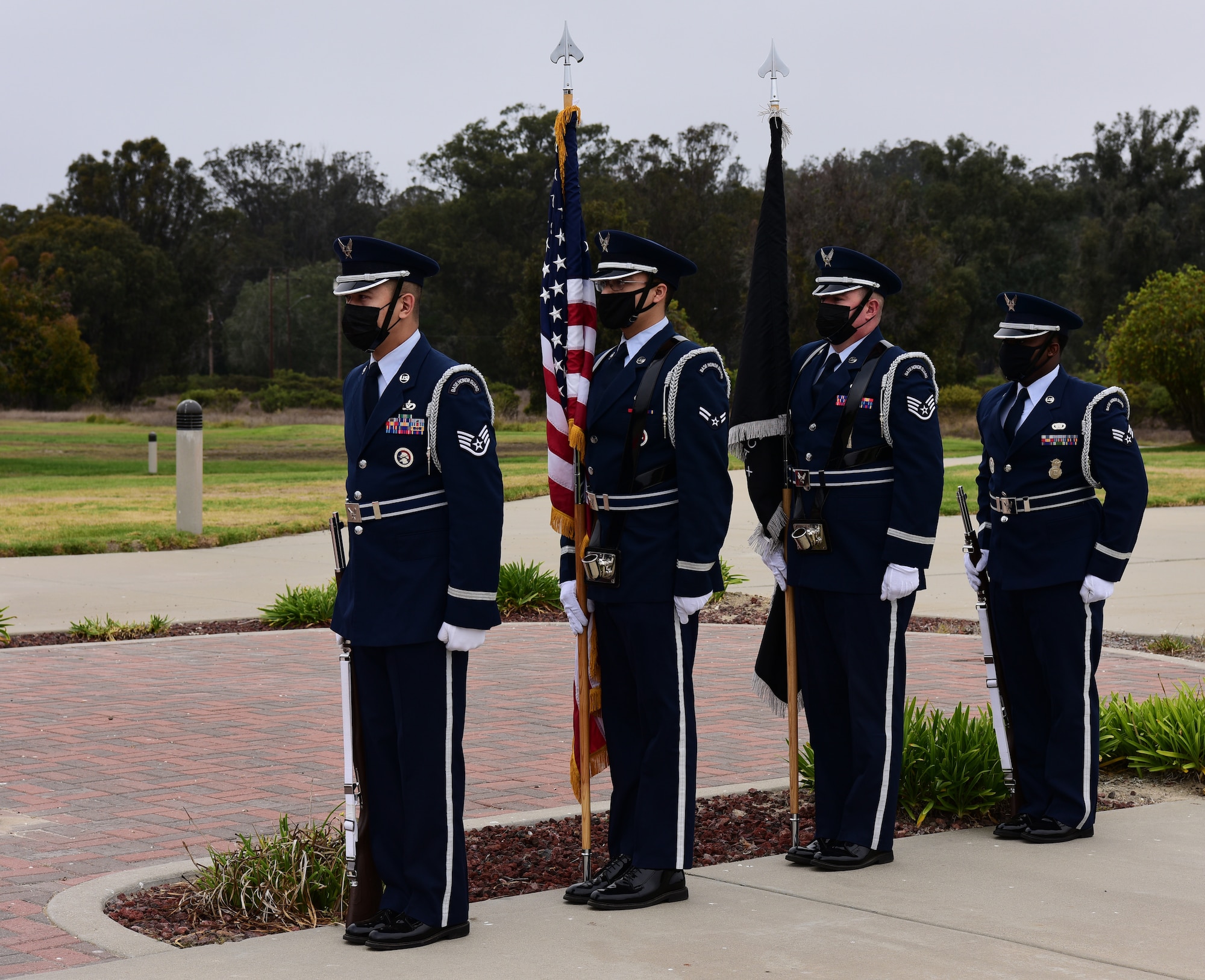 Honor Guard prepares to march for the Space Delta 1 Assumption of Command and 1st Delta Operations Squadron Ceremony on Vandenberg Space Force Base, September 2, 2021.