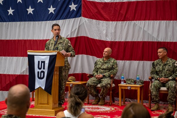 Vice Adm. Brad Cooper, commander of U.S. Naval Forces Central Command, U.S. 5th Fleet and Combined Maritime Forces, speaks during a commissioning ceremony for Task Force (TF 59) onboard Naval Support Activity Bahrain, Sept. 9. TF 59 is the first U.S. Navy task force of its kind, designed to rapidly integrate unmanned systems and artificial intelligence with maritime operations in the U.S. 5th Fleet area of operations.