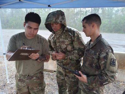 Sgt. Joemicheal Cristobal, Spc. Osias Passi, and Spc. Brennon Westfall, members of the Alaska Army National Guard and Task Force-Alaska, log trailer and driver information at a transportation yard in Roseland, Louisiana, Sept. 7, 2021. They are among 17 Alaska Guardsmen assisting the Louisiana National Guard and civil authorities in the aftermath of Hurricane Ida.