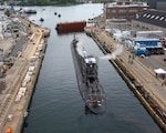 Portsmouth Naval Shipyard, Kittery, ME: Jun 22, 2021: USS Virginia (SSN 774) successfully exits dry dock at the shipyard. Virginia is at the shipyard for a scheduled maintenance period.