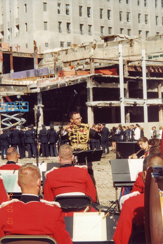 "The President's Own" United States Marine Band performs under the direction of Col. Timothy Foley at Ground Zero for the first anniversary of 9/11.