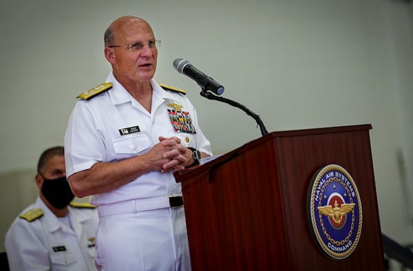 Chief of Naval Operations (CNO) Adm. Mike Gilday speaks during a change of command ceremony for Naval Air Systems Command.