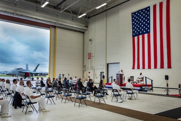 Chief of Naval Operations (CNO) Adm. Mike Gilday speaks during a change of command ceremony for Naval Air Systems Command.