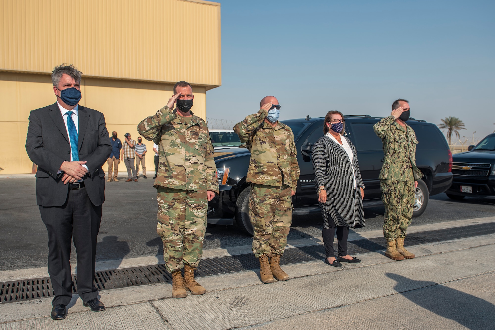 Austin visited the installation to thank service members for their support and dedication to the Afghanistan evacuation operations, where more than 55,000 evacuees were temporarily housed during transit and processed forward to their next location. (U.S. Air Force photo by Senior Airman Kylie Barrow)