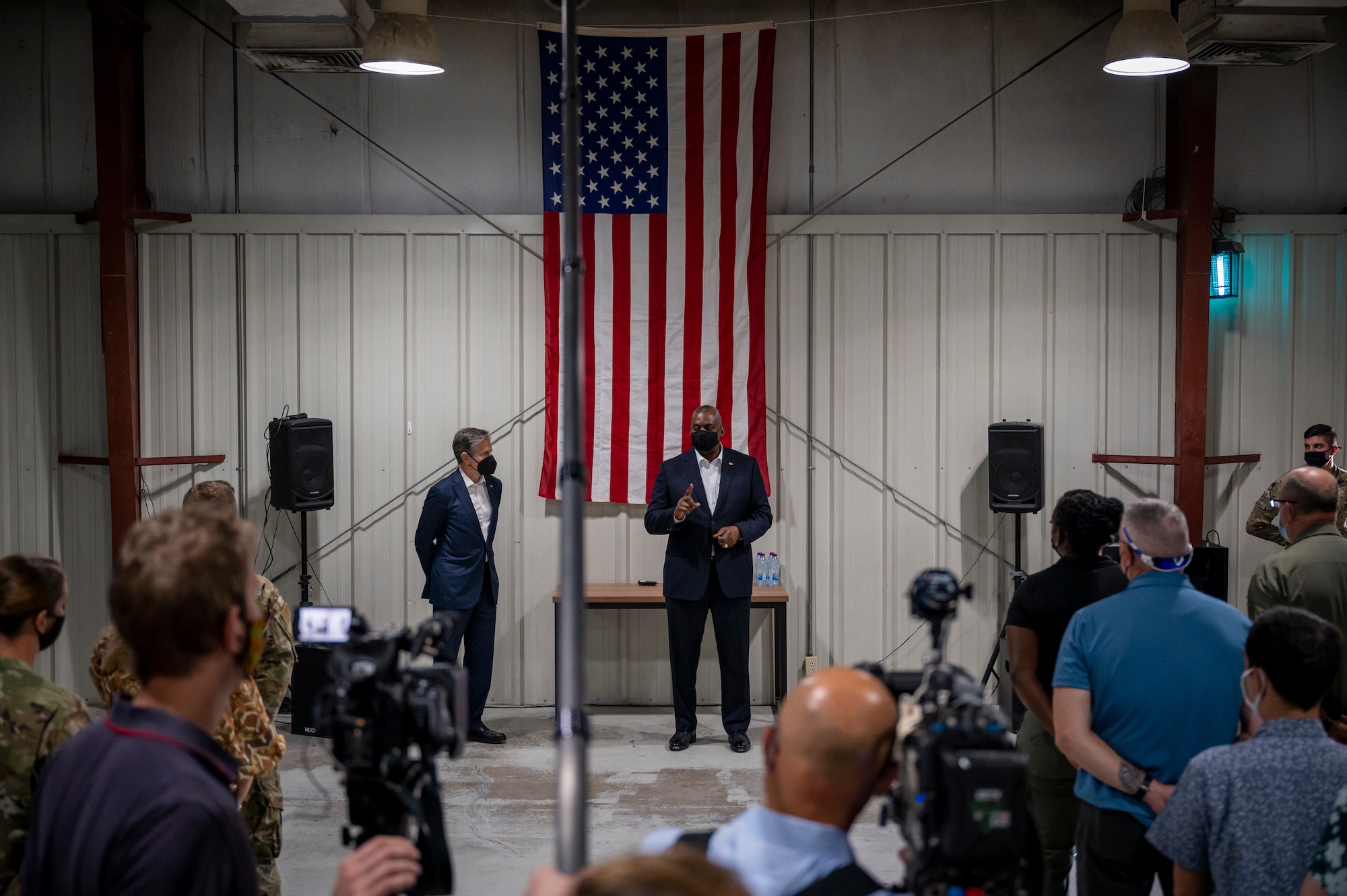 Secretary of Defense Lloyd J. Austin III and Secretary of State Antony J. Blinken speak to service members and civilian employees, Sept. 07, 2021, at Al Udeid Air Base, Qatar.