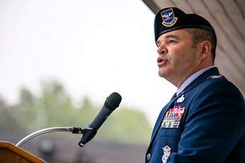 Col. Brian Filler, 501st Combat Support Wing commander, speaks during a 9/11 remembrance ceremony at RAF Alconbury, England, Sept. 9, 2021. Airmen from the 501st CSW, cadets from the Alconbury Middle Highschool JROTC and guests came together to  pay homage to those who lost their lives during the Sept. 11, 2001, attacks. (U.S. Air Force photo by Senior Airman Eugene Oliver)