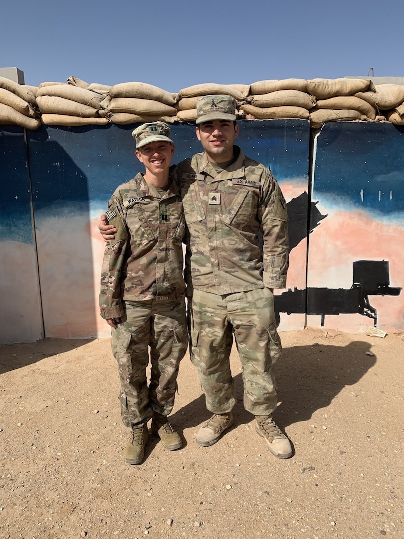 West Virginia Army National Guard Cpt. Brittany Watson, a medical operations officer in the 111th Engineer Brigade, and Sgt. Andres Rivera, a carpentry and masonry specialist in the 766th Engineer Company of the 111th, recently reunited during a deployment to the Middle East. They had not seen each other in over 12 years.