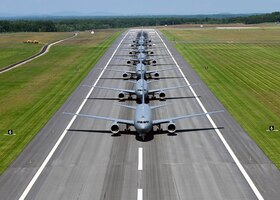 Air Force KC-46 aircraft participate in an elephant walk.
