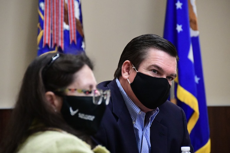 Dawn Androsky, Air Force Reserve Command director of staff, discusses AFRC issues with Rep Austin Scott, United States congressman, Georgia, during his visit to Robins Air Force Base, September 9, 2021.