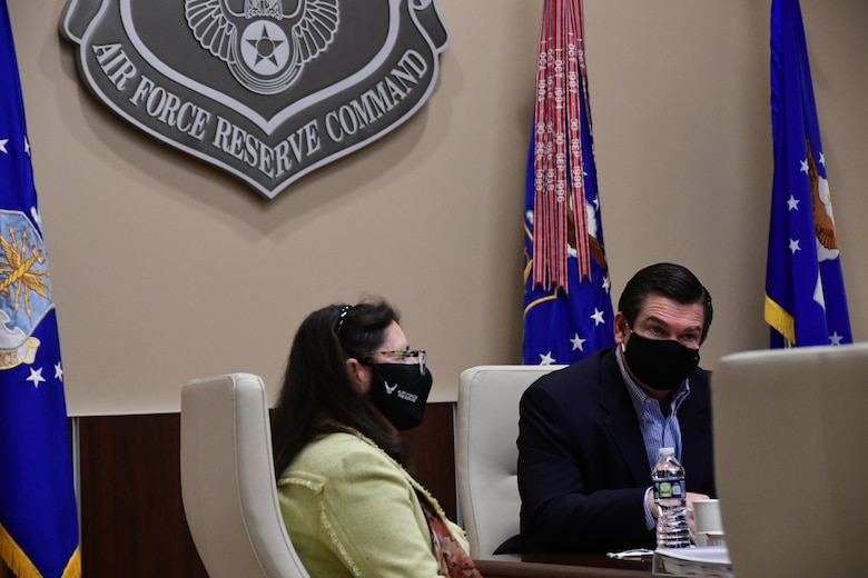 Dawn Androsky, Air Force Reserve Command director of staff, discusses AFRC issues with Rep Austin Scott, United States congressman, Georgia, during his visit to Robins Air Force Base, September 9, 2021.
