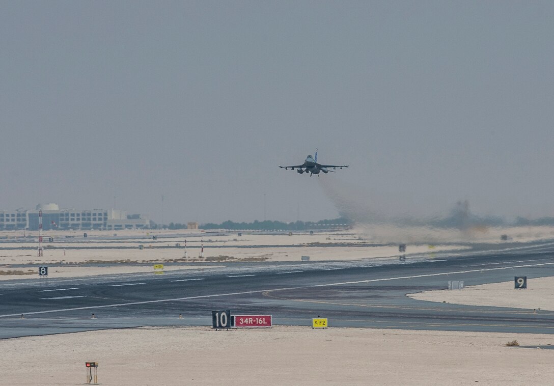 A U.S. Air Force F-16 Fighting Falcon, assigned to the 378th Air Expeditionary Wing, takes-off during Exercise Sky Shield III August 2, 2021, at Al Udeid Air Base, Qatar. Sky Shield III is the third iteration of a bilateral defensive counter-air combat patrol and combat search and rescue exercise designed to validate Air Forces Central and QEAF’s combined capability to defend regional airspace. The exercise enhances resolute partnerships and improves interoperability to ensure security and stability in the region. (U.S. Air Force photo by Staff Sgt. Kylee Gardner)