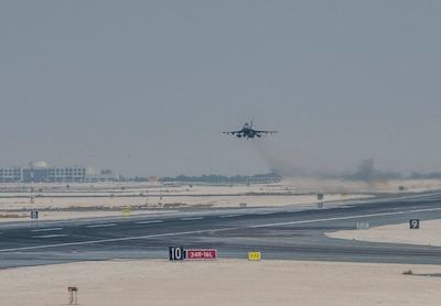 A U.S. Air Force F-16 Fighting Falcon, assigned to the 378th Air Expeditionary Wing, takes-off during Exercise Sky Shield III August 2, 2021, at Al Udeid Air Base, Qatar. Sky Shield III is the third iteration of a bilateral defensive counter-air combat patrol and combat search and rescue exercise designed to validate Air Forces Central and QEAF’s combined capability to defend regional airspace. The exercise enhances resolute partnerships and improves interoperability to ensure security and stability in the region. (U.S. Air Force photo by Staff Sgt. Kylee Gardner)