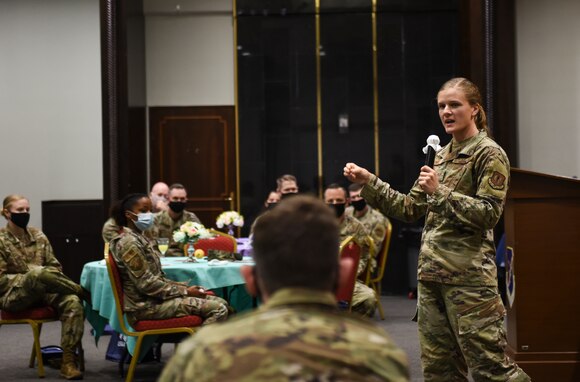 military member speaking to crowd