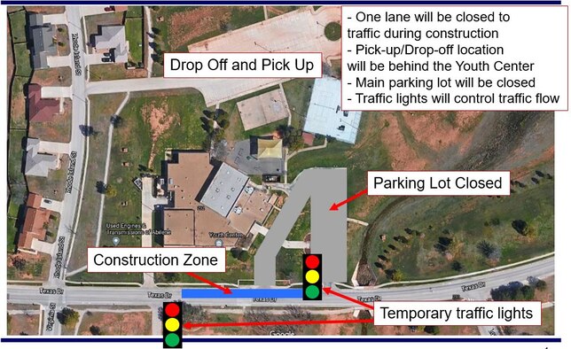 A graphic depicts the construction zones at the Youth Center on Dyess Air Force Base, Texas, Sept. 9, 2021.