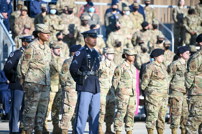 First responders stand at parade rest during the 9/11 Remembrance Ceremony at Joint Base Andrews, Md., on Sept. 10, 2021.