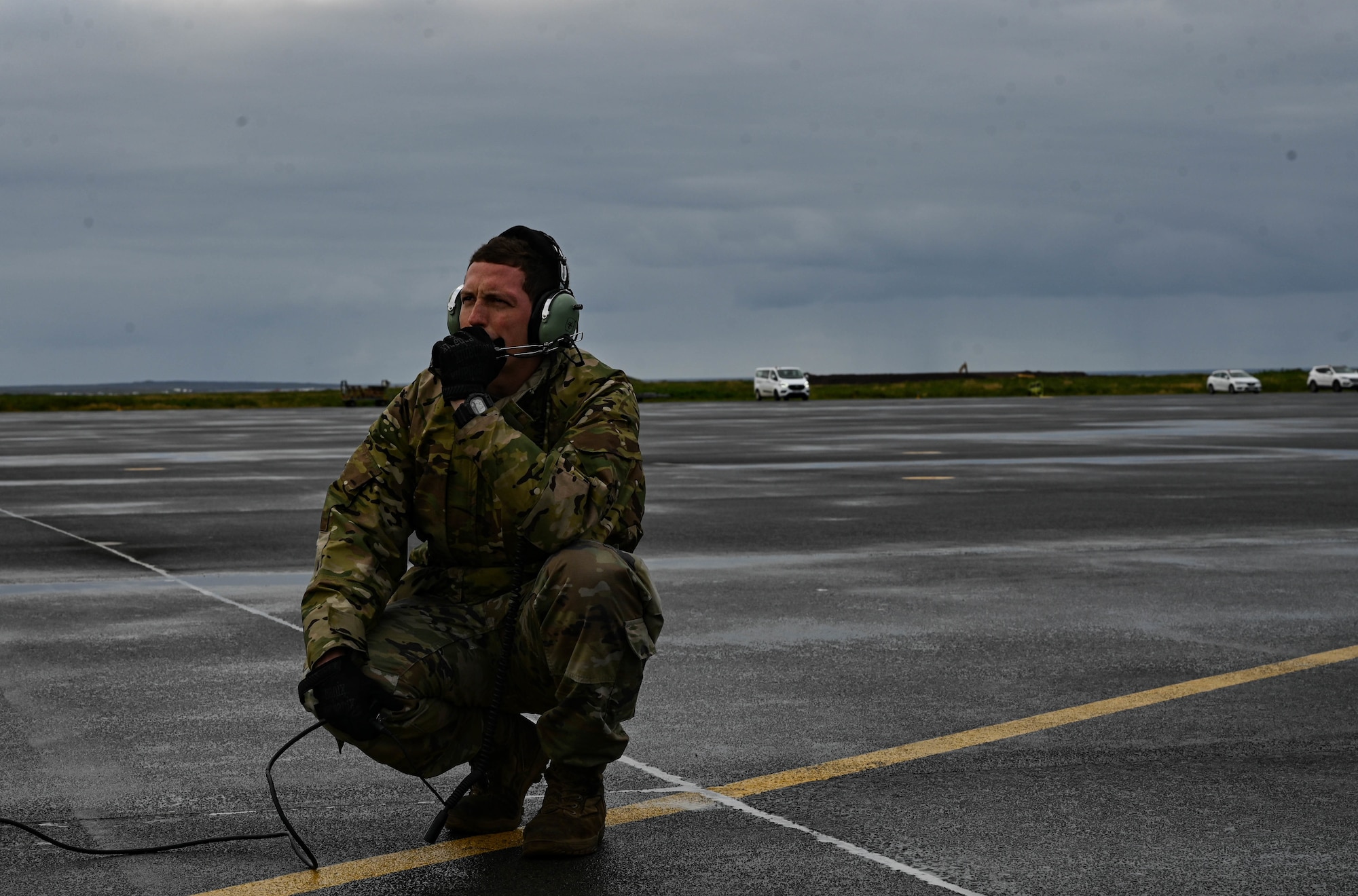 Staff Sgt. Ian Simms, 110th Expeditionary Bomb Squadron dedicated crew chief, prepares a B-2 Spirit stealth bomber for departure from Keflavik Air Base, Iceland, Sept. 8, 2021. The stealth bombers integrated with Royal Norwegian Air Force F-35A Lightning II aircraft enhancing bomber interoperability with partners and allied nations. (U.S. Air Force photo by Airman 1st Class Victoria Hommel)