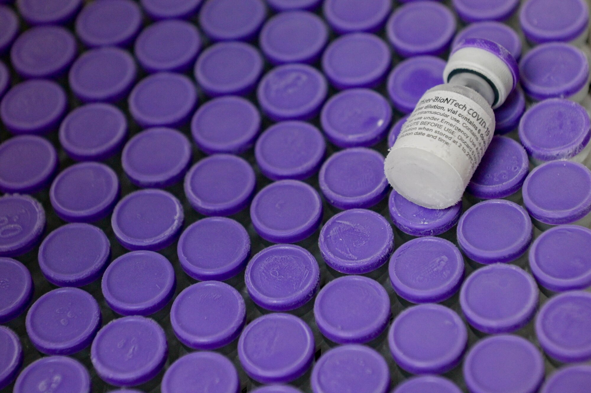 Pfizer vaccines at Moody Air Force Base, Georgia, Sept. 9, 2021. Each Pfizer vial contains six doses for vaccination against the COVID-19 virus. (U.S. Air Force photo by Senior Airman Rebeckah Medeiros)