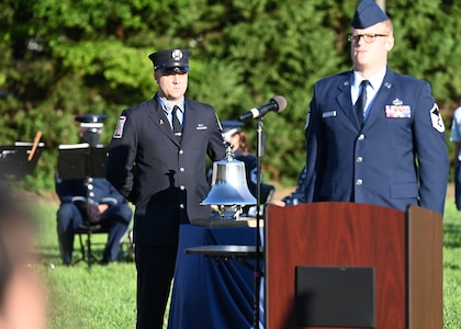 Bradley Reppert of the Fire Department of New York sounds a bell during a 9/11 memorial ceremony on Joint Base Anacostia-Bolling, Washington D.C. on Sept. 10, 2021. Mission partners from across the National Capitol Region gathered at JB Anacostia-Bolling to honor those who died 20 years ago during the terror attacks on the World Trade Center and the Pentagon on September 11, 2001. (U.S. Air Force photo by Staff Sgt. Kayla White)