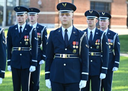 Airmen of the United States Air Force Honor Guard stand at attention during a 9/11 memorial ceremony at Joint Base Anacostia-Bolling, Washington D.C. on Sept. 10, 2021. Mission partners from across the National Capitol Region gathered at JB Anacostia-Bolling to honor those who died 20 years ago during the terror attacks on the World Trade Center and the Pentagon on September 11, 2001. (U.S. Air Force photo by Staff Sgt. Kayla White)