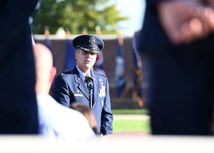 U.S. Air Force Col. Mike Zuhlsdorf, commander of the 11th Wing and Joint Base Anacostia-Bolling speaks during a 9/11 memorial ceremony on Sept. 10, 2021. Mission partners from across the National Capitol Region gathered at JB Anacostia-Bolling to honor those who died 20 years ago during the terror attacks on the World Trade Center and the Pentagon on September 11, 2001. (U.S. Air Force photo by Staff Sgt. Kayla White)