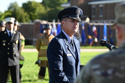 U.S. Air Force Col. Mike Zuhlsdorf, commander of the 11th Wing and Joint Base Anacostia-Bolling speaks during a 9/11 memorial ceremony on Sept. 10, 2021. Mission partners from across the National Capitol Region gathered at JB Anacostia-Bolling to honor those who died 20 years ago during the terror attacks on the World Trade Center and the Pentagon on September 11, 2001. (U.S. Air Force photo by Staff Sgt. Kayla White)