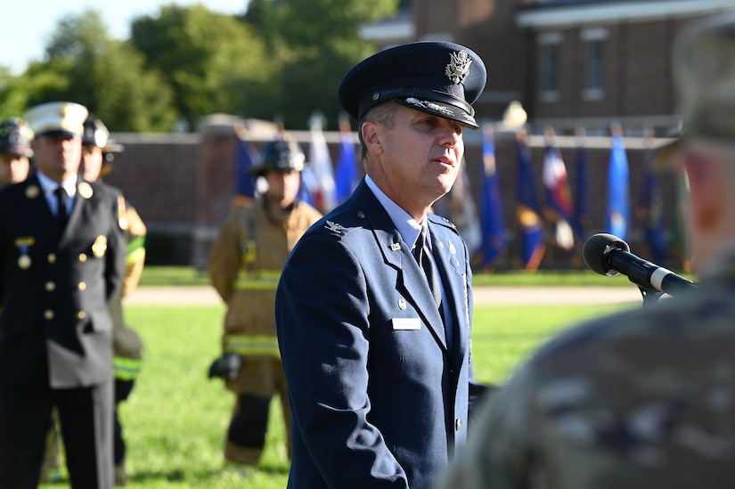 U.S. Air Force Col. Mike Zuhlsdorf, commander of the 11th Wing and Joint Base Anacostia-Bolling speaks during a 9/11 memorial ceremony on Sept. 10, 2021. Mission partners from across the National Capitol Region gathered at JB Anacostia-Bolling to honor those who died 20 years ago during the terror attacks on the World Trade Center and the Pentagon on September 11, 2001. (U.S. Air Force photo by Staff Sgt. Kayla White)