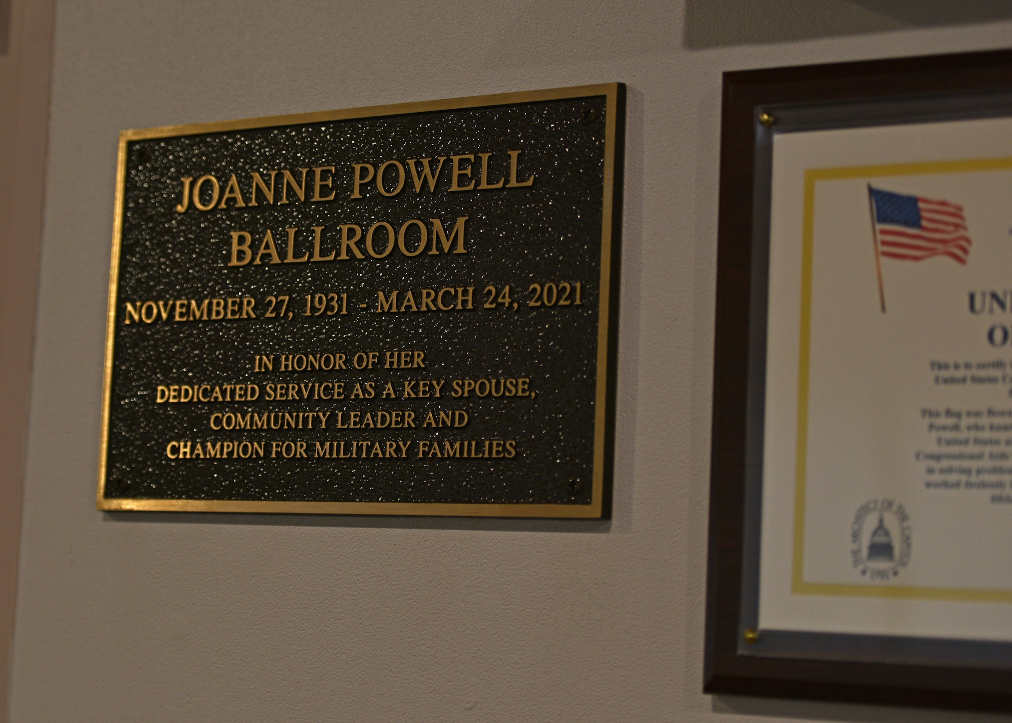 The plaque dedicating the JoAnne Powell ballroom during the Powell Event Center dedication ceremony on Goodfellow Air Force Base, Sept. 10, 2021. Joanne Powell was recognized for her dedication and service as a major member and leader in the San Angelo and Goodfellow community. (U.S. Air Force photo by Senior Airman Ashley Thrash)