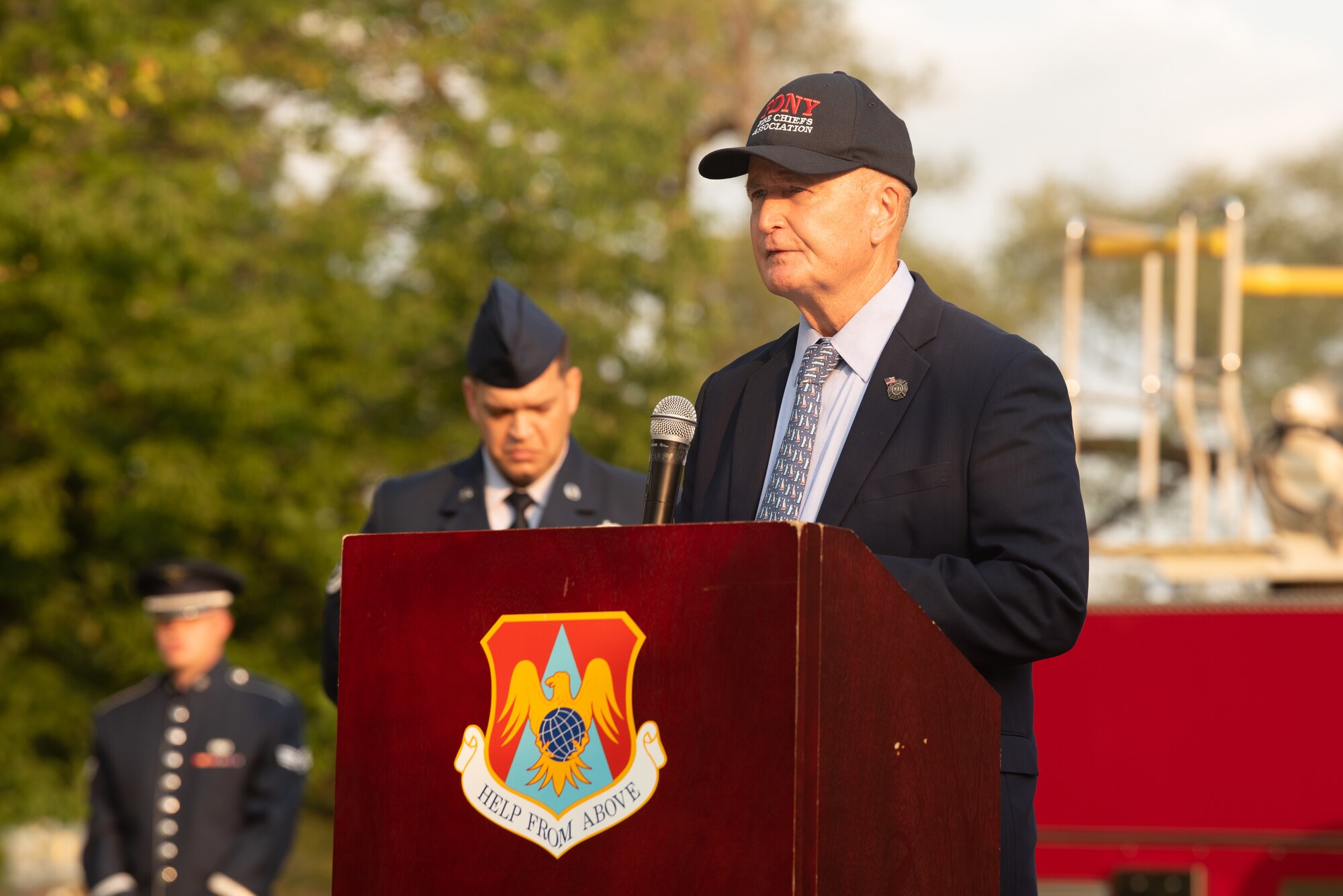 Charles Blaich, retired New York Deputy Fire Chief, speaks on his experience responding to the 9/11 terrorist attacks at the 9/11 remembrance ceremony on Scott Air Force Base, Illinois, September 10, 2021. Blaich also spoke on his experience leading recovery efforts in the months following the terrorist attacks on September 11, 2001. (U.S. Air Force photo by Airman 1st Class Stephanie Henry)