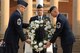 Senior enlisted leaders place a wreath as a tribute for the lives lost on September 11, 2001 at the 9/11 remembrance ceremony on Scott Air Force Base, Illinois, September 10, 2021. The ceremony was held to remember the 2,996 victims of the terrorist attacks that occurred on September 11, 2001. (U.S. Air Force photo by Airman 1st Class Stephanie Henry)