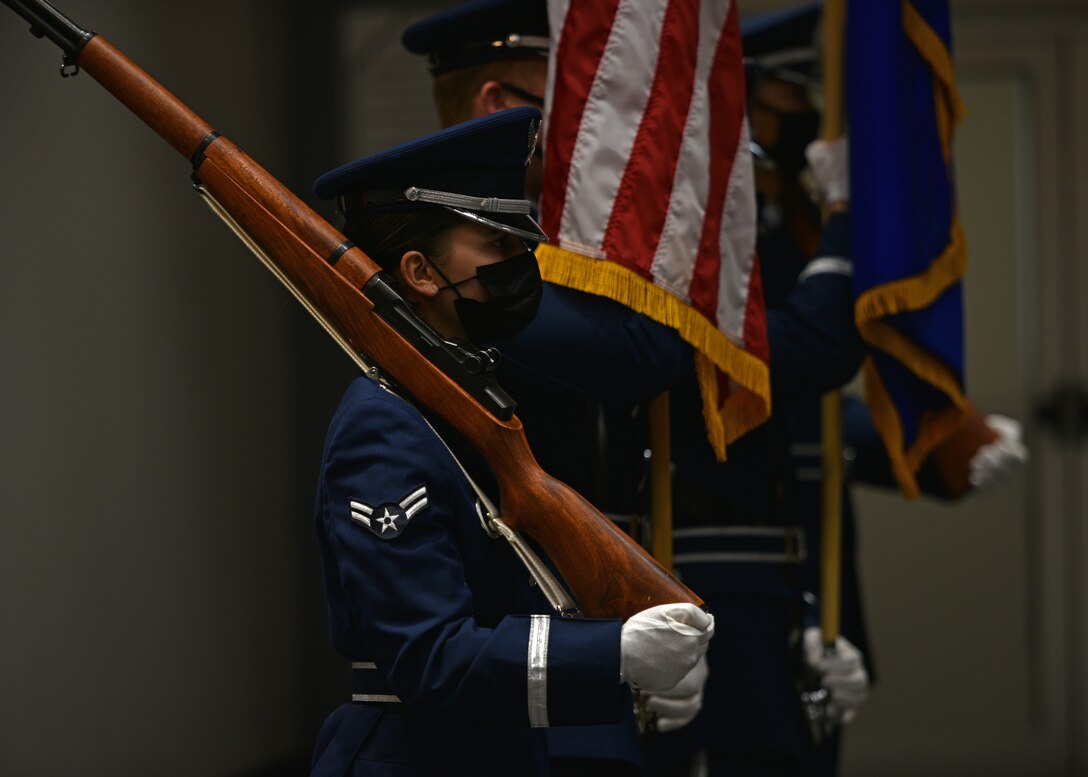 The Goodfellow Air Force Base Color Guard presents the U.S. National Colors during the Powell Event Center dedication ceremony on Goodfellow Air Force Base, Sept. 10, 2021. The primary purpose of the Color Guard is to present the National Colors during official ceremonies. (U.S. Air Force photo by Senior Airman Ashley Thrash)