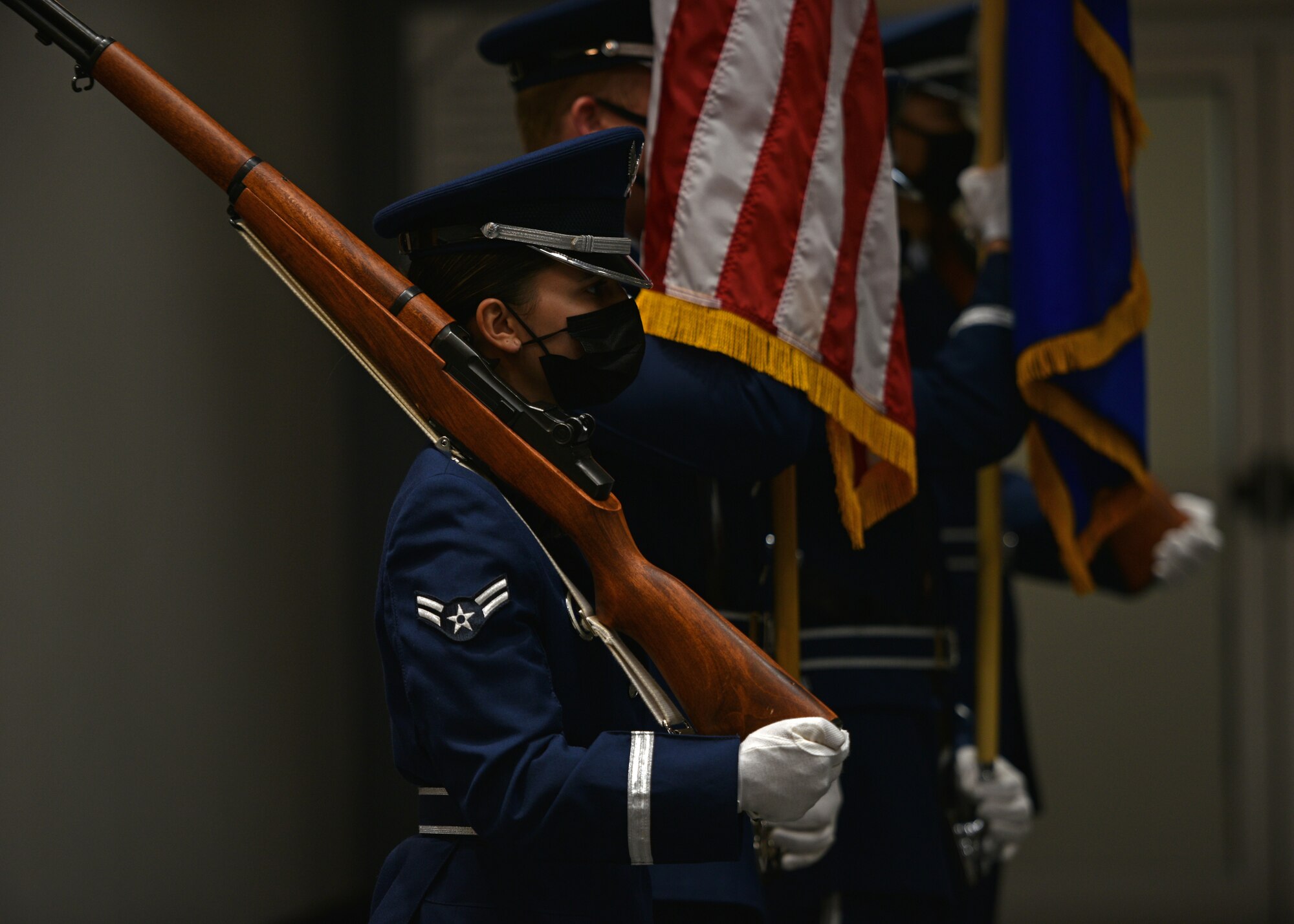 The Goodfellow Air Force Base Color Guard presents the U.S. National Colors during the Powell Event Center dedication ceremony on Goodfellow Air Force Base, Sept. 10, 2021. The primary purpose of the Color Guard is to present the National Colors during official ceremonies. (U.S. Air Force photo by Senior Airman Ashley Thrash)