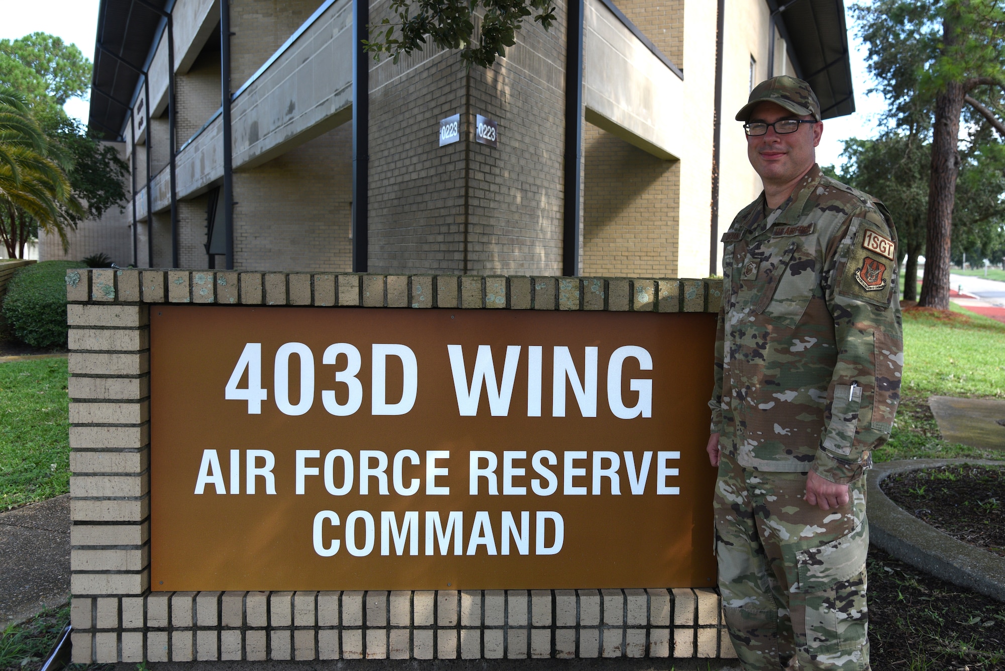 Master Sgt. Jared Bryant, 403rd Force Support Squadron first sergeant, is the first full-time first sergeant, or "shirt," to work for the 403rd Wing. He serves as an Active Guard Reserve, in the role of the 403rd Wing's Resiliency First Sergeant during the month and the 403rd FSS first sergeant during unit training assembly weekends. (U.S. Air Force photo by Jessica Kendziorek)