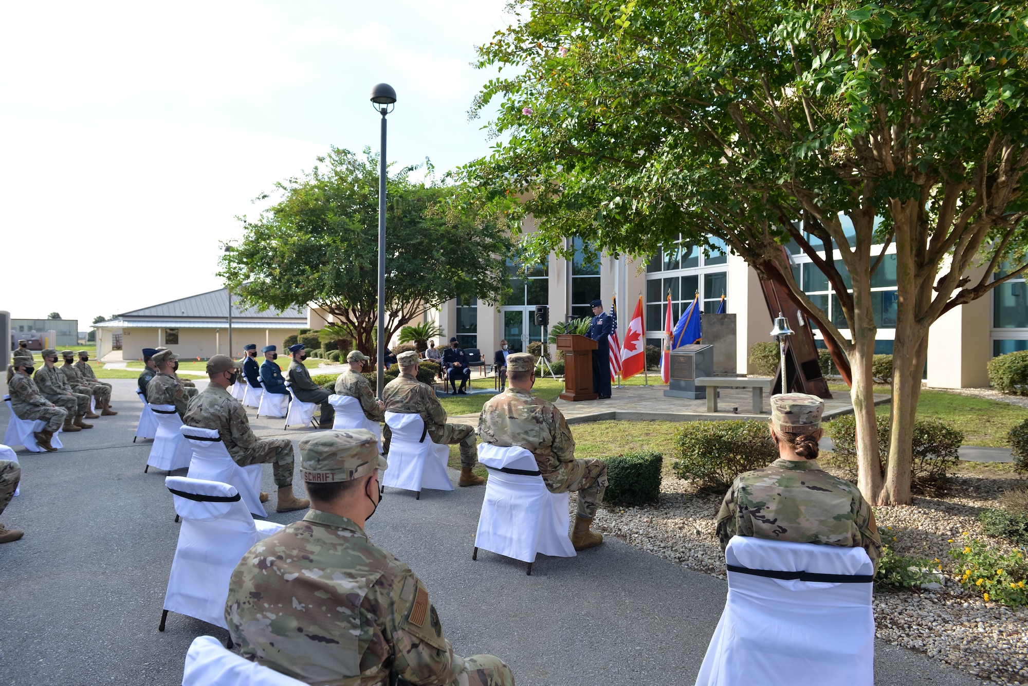 U.S. Air Force Maj. Frederick Diederich from the 601st Air Operations Center narrates the events of 9/11 to AOC and 1st Air Force members during a memorial service on September 10, 2021 at Tyndall Air Force Base, Fla. The 601st AOC held a ceremony to honor the memory of those who lost their lives as a result of the tragic events of September 11, 2001 (Air National Guard photo by, Master Sgt. Regina Young)