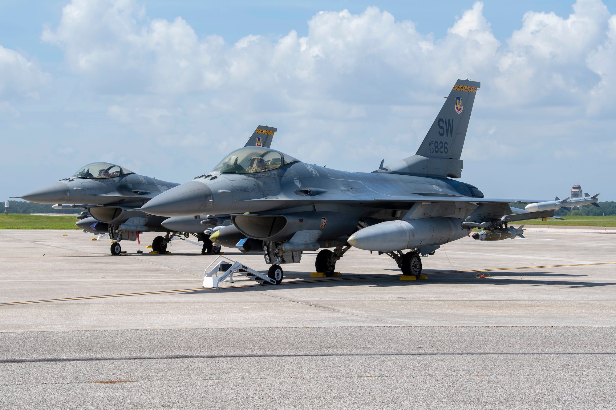 U.S. Air Force F-16 Fighting Falcon aircraft assigned to the 79th Fighter Squadron (FS), Shaw Air Force Base, South Carolina, sits parked on the flight line at MacDill Air Force Base, Florida, Sept. 8, 2021.