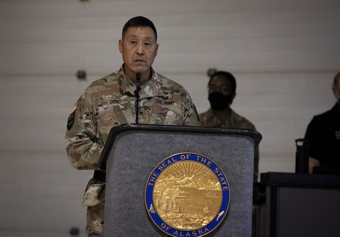 Brig. Gen. Wayne Don, the director of the Alaska National Guard Joint Staff, reflects on losses during a Sept. 11 remembrance ceremony held on Joint Base Elmendorf-Richardson one day before the 20th anniversary of the events that transpired in 2001. (Army National Guard photo by Spc. Grace Nechanicky)