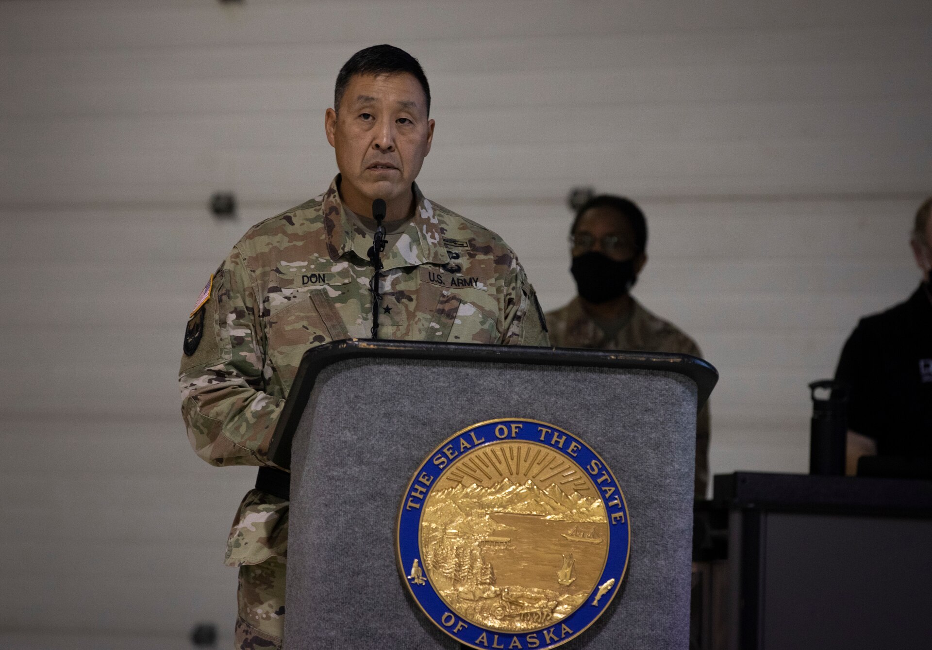 Brig. Gen. Wayne Don, the director of the Alaska National Guard Joint Staff, reflects on losses during a Sept. 11 remembrance ceremony held on Joint Base Elmendorf-Richardson one day before the 20th anniversary of the events that transpired in 2001. (Army National Guard photo by Spc. Grace Nechanicky)